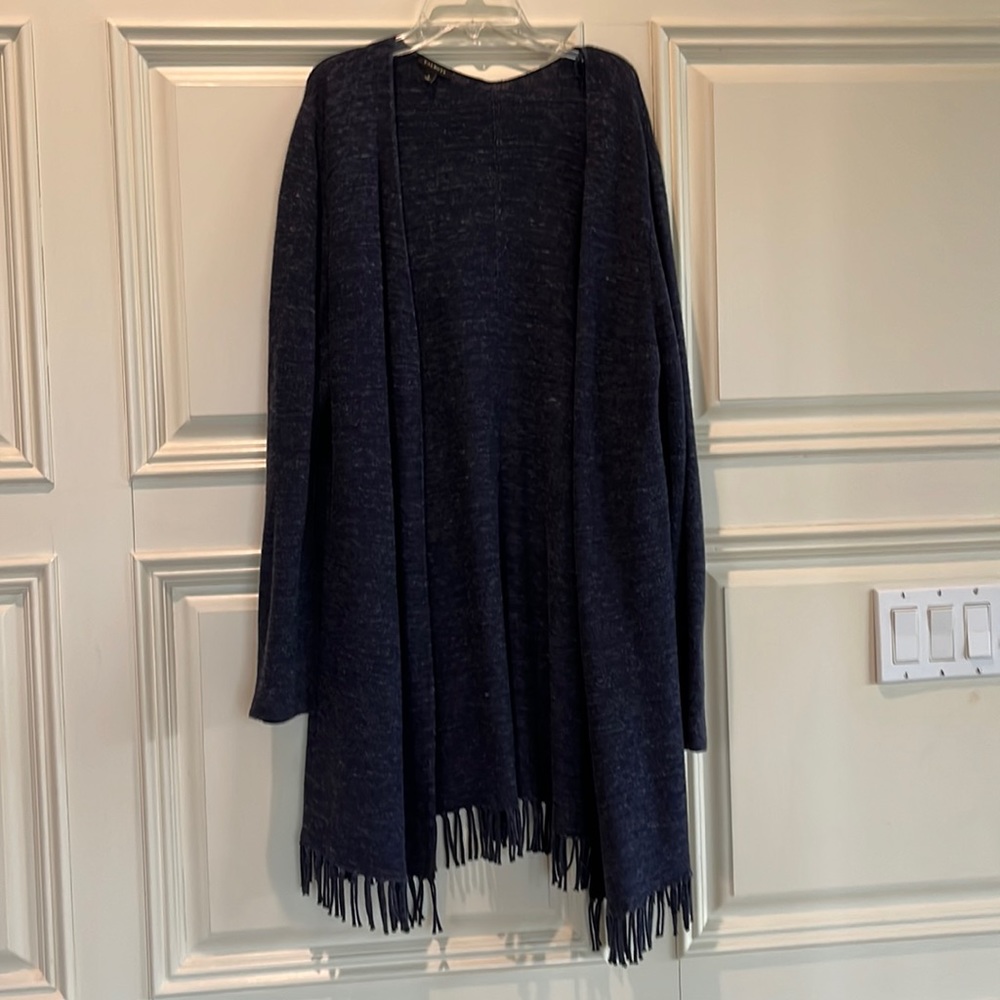 Talbots denim blue color fringed sweater/jacket.size Large, excellent condition